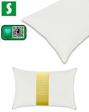 Two pillows with a yellow stripe and OEKO-TEX certification logo on a white background