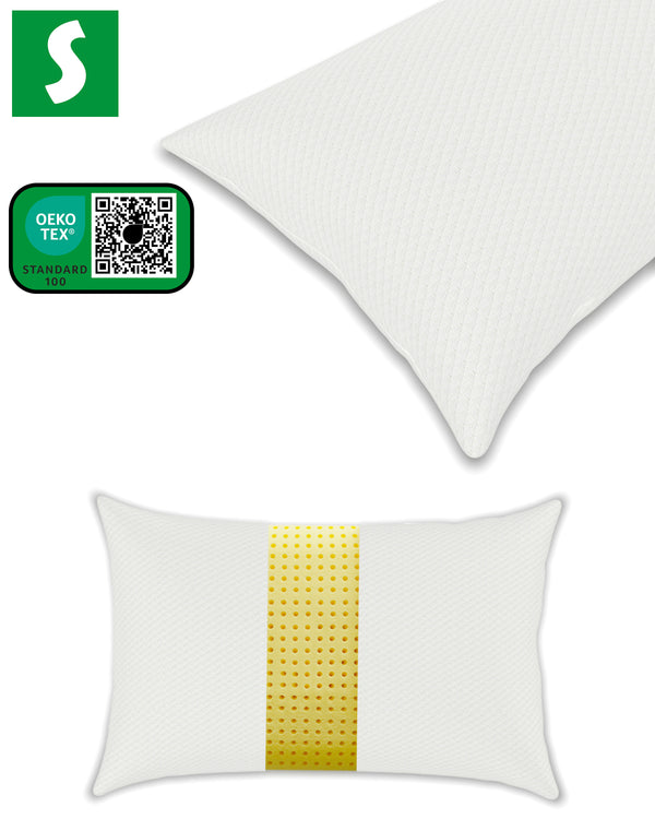 Two pillows with a yellow stripe and OEKO-TEX certification logo on a white background